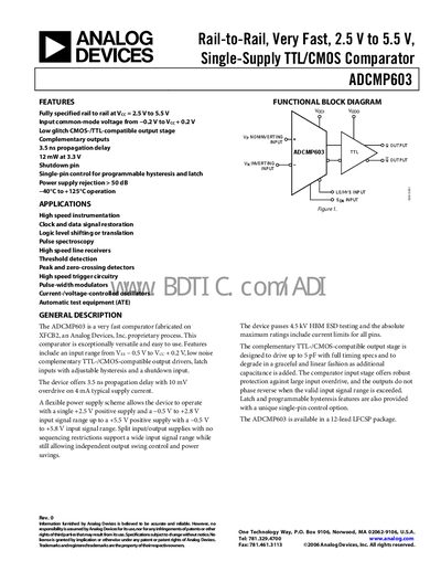 Analog Devices ADCMP603 Comparator Datasheet - cover page