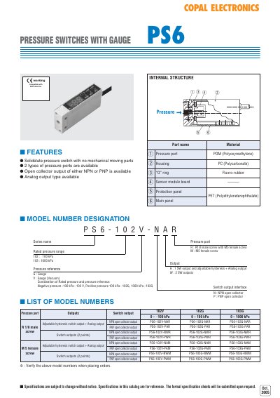 Copal PS6 Pressure Switches with Gauge Specification Sheet - cover page