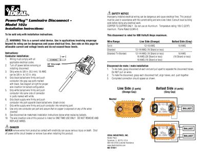 Ideal Industries PowerPlug Luminaire Disconnect Model 102x Installation Instructions - cover page