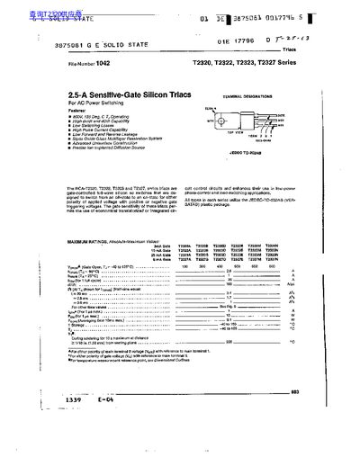 GE Solid State T2320/T2322/T2323/T2327 2.5‑A Sensitive‑Gate Silicon Triacs Datasheet - cover page