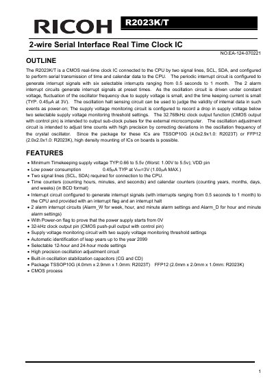 Ricoh R2023K/T 2-wire Serial Interface Real Time Clock IC Datasheet - cover page