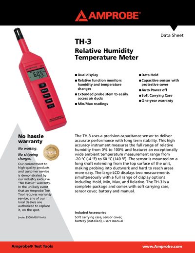 Amprobe TH-3 Relative Humidity Temperature Meter Datasheet - cover page