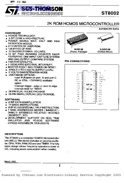 ST8002 2K ROM HCMOS Microcontroller Datasheet - cover page