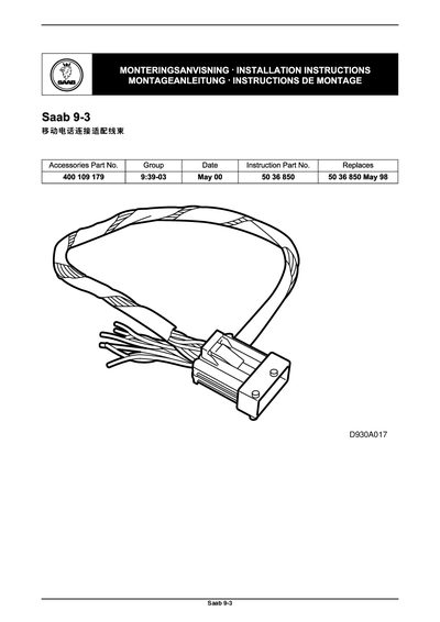 Saab 9-3 Mobile Telephone Connection Adaptation Line Bundle Installation Manual - cover page