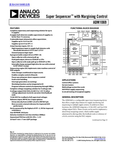 Analog Devices ADM1069 Supervisory and Sequencing Device Datasheet