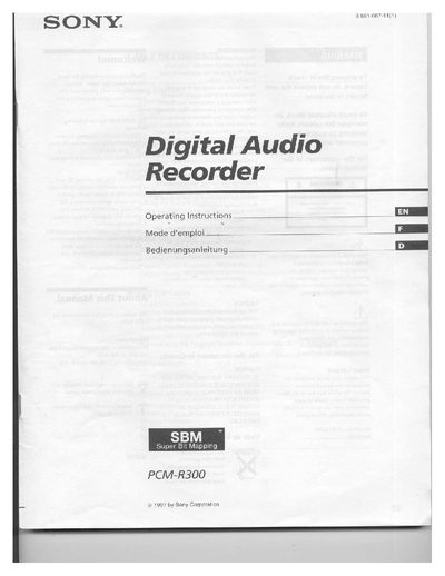 Sony PCM-R300 Digital Audio Recorder Operating Instructions - cover page