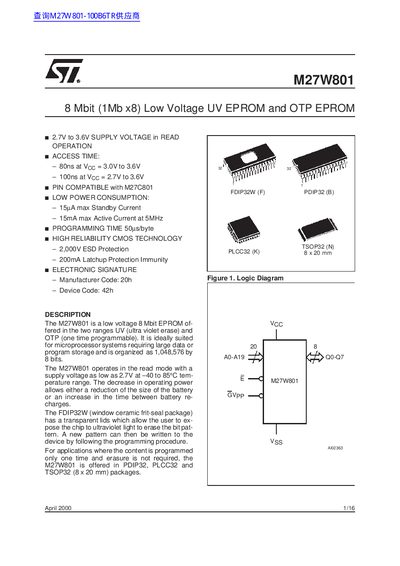 ST M27W801 8 Mbit (1Mb x8) Low Voltage UV EPROM OTP EPROM handbook - cover page