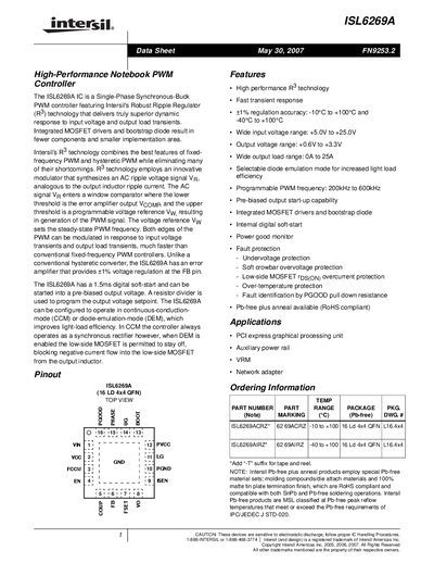 Intersil ISL6269A High‑Performance Notebook PWM Controller Data Sheet - cover page