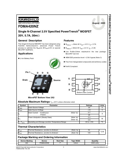 Fairchild Semiconductor FDMA420NZ Single N-Channel MOSFET Datasheet - cover page