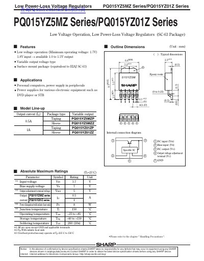 Sharp PQ015YZ5MZ/PQ015YZ01Z Low Power-Loss Voltage Regulators Datasheet - cover page