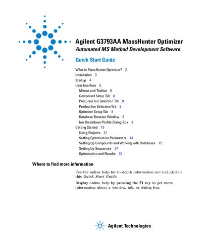 Agilent G3793AA MassHunter Optimizer Quick Start Guide - cover page