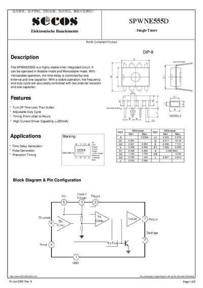 Secos SPWNE555D Single Timer Datasheet - cover page