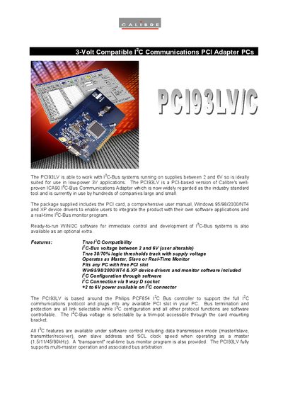 CALIBRE UK 3-Volt Compatible I 2 C Communications PCI Adapter PCs - cover page