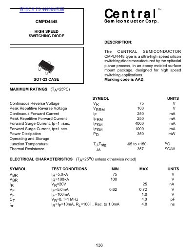 Central Semiconductor CMPD4448 High Speed Switching Diode Datasheet - cover page