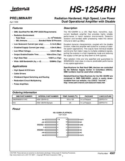 Intersil HS-1254RH Dual Operational Amplifier Datasheet - cover page