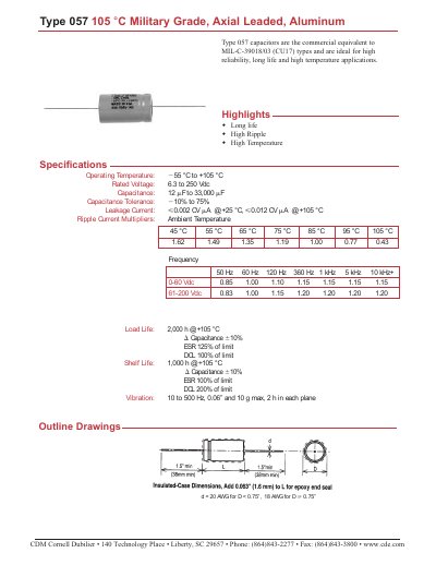 CDM Cornell Dubilier 140 Technology Type 057 105 &deg;C Military Grade Axial Leaded Aluminum - cover page