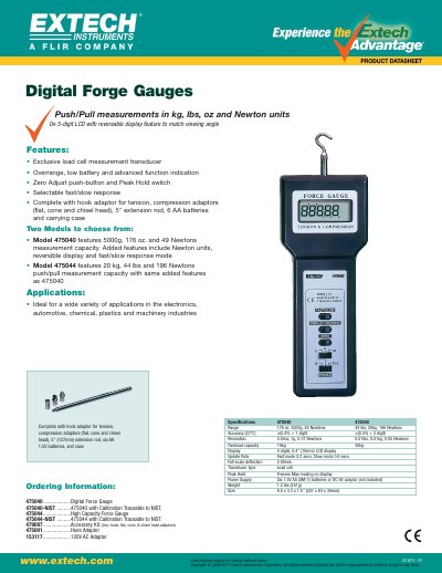 Extech 475040/475044 Digital Force Gauge Specifications Sheet - cover page