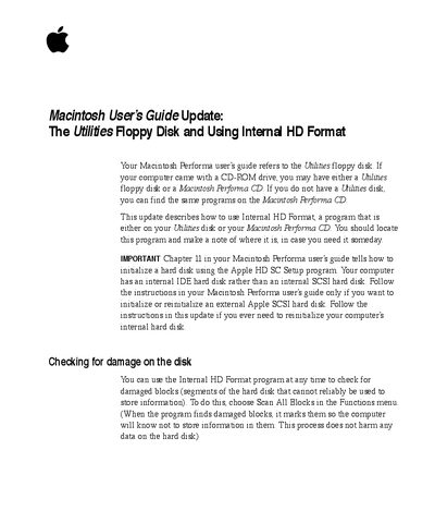 Macintosh Performa 600 Series Internal HD Format Guide - cover page