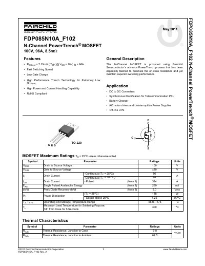 Fairchild FDP085N10A N-Channel PowerTrench MOSFET Datasheet - cover page