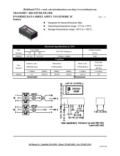Bothhand USA FB2022 Transmit/Receiver Filter Data Sheet - cover page