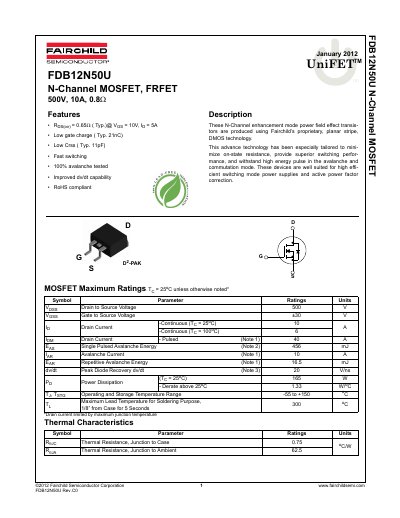 Fairchild Semiconductor FDB12N50U N-Channel MOSFET Datasheet - cover page