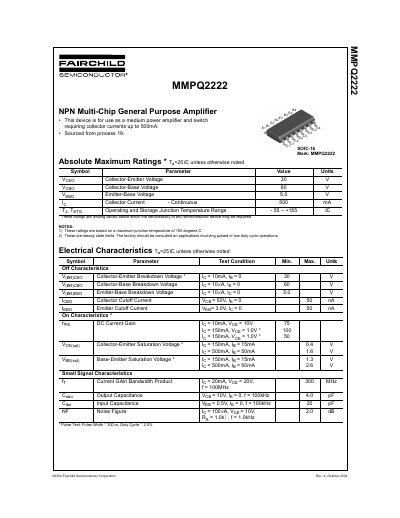 Fairchild MMPQ2222 NPN Multi-Chip General Purpose Amplifier Datasheet - cover page