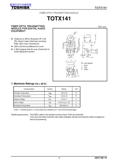 Toshiba TOTX141 Fiber Optic Transmitting Module User Manual - cover page