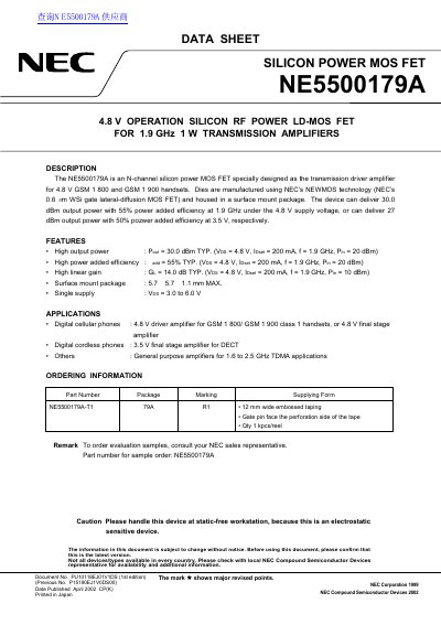 NEC NE5500179A RF Power LD-MOS FET Datasheet - cover page