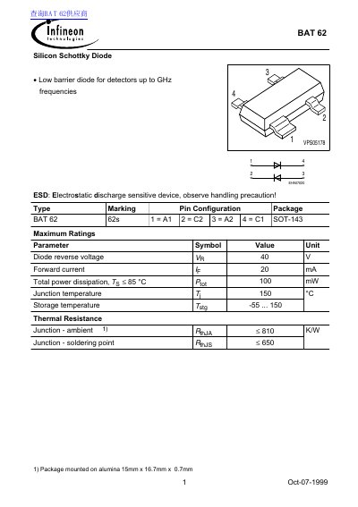 Infineon BAT 62 Silicon Schottky Diode Datasheet - cover page