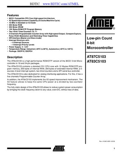 Atmel AT87C5103 Datasheet - cover page