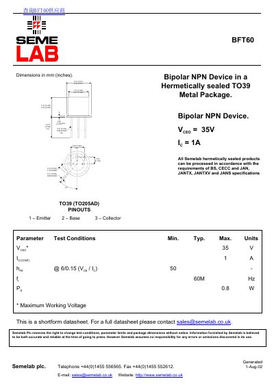 Semelab BFT60 Bipolar NPN Device Datasheet - cover page