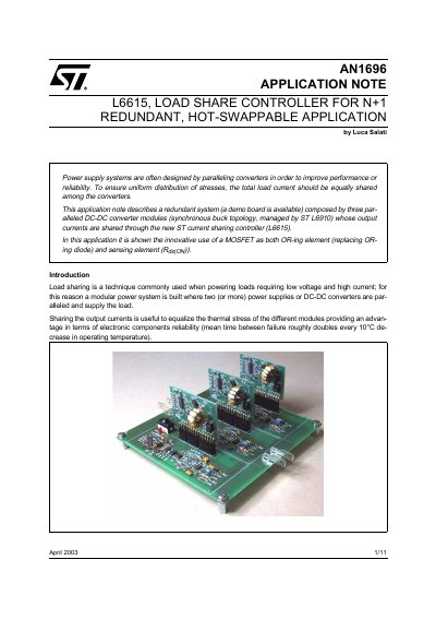STMicroelectronics AN1696 Application Note L6615 Load Share Controller - cover page