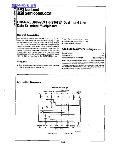 National Semiconductor DM54253/DM74253 Tri-State Dual 1 of 4 Line Data Selectors/Multiplexers Datasheet - cover page