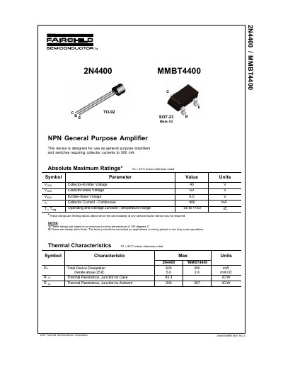 Fairchild Semiconductor 2N4400/MMBT4400 NPN General Purpose Amplifier Datasheet - cover page