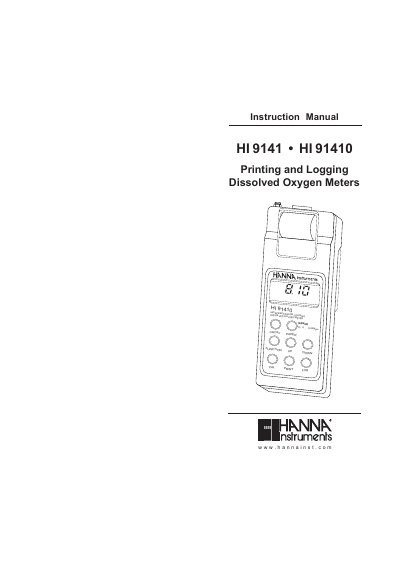 Hanna Instruments HI 9141/HI 91410 Dissolved Oxygen Meters Instruction Manual - cover page