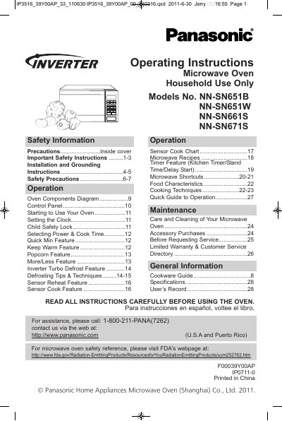 Panasonic NN-SN651B Series Microwave Oven Operating Instructions