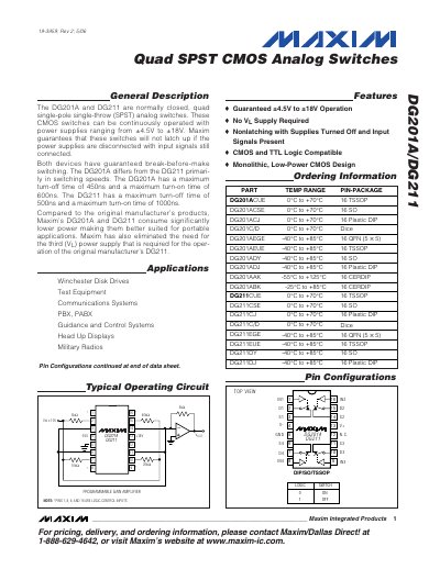 Maxim DG201A/DG211 Quad SPST CMOS Analog Switch Datasheet - cover page