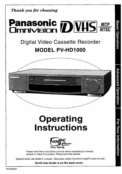 Panasonic PV-HD1000 Digital Video Cassette Recorder Operating Instructions - cover page