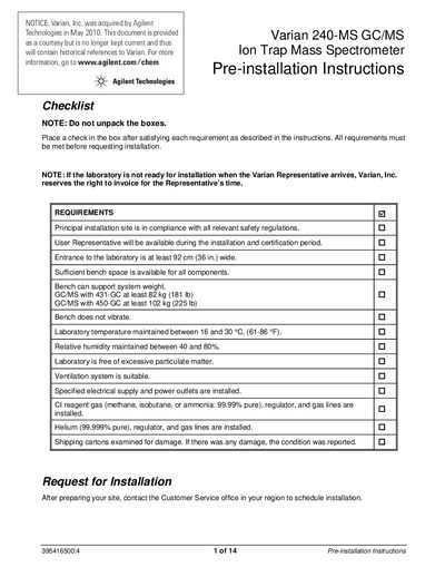 Agilent 240-MS GC/MS Pre-installation Instructions - cover page