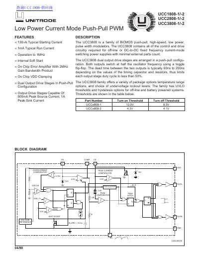 Unitrode UCC1808-1/-2, UCC2808-1/-2, UCC3808-1/-2 Datasheet - cover page