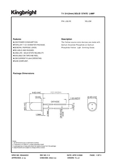 KINGBRIGHT T-1 3/4 (5mm) SOLID STATE LAMP P/N: L-53LYD  - cover page