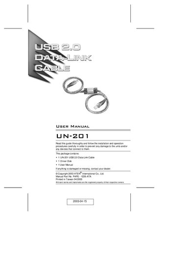 ATEN UN-201 USB 2.0 Data-Link Cable User Manual - cover page