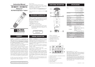Hanna Instruments HI 98311/HI 98312 Waterproof EC/TDS/Temperature Testers Instruction Manual - cover page