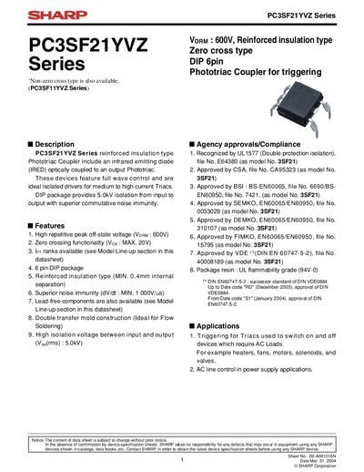 Sharp PC3SF21YVZ Series Phototriac Coupler Datasheet - cover page