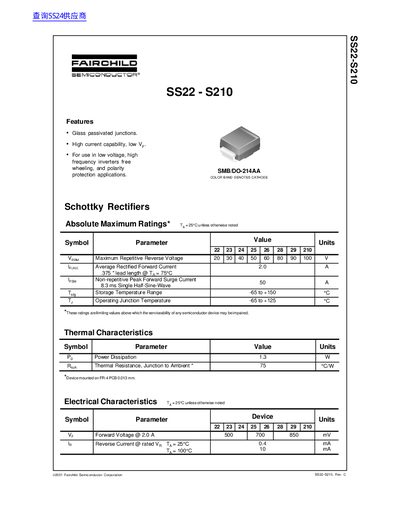 Fairchild Semiconductor SS22-S210 Schottky Rectifier Datasheet - cover page