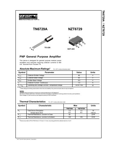 Fairchild Semiconductor TN6729A/NZT6729 PNP General Purpose Amplifier Datasheet - cover page