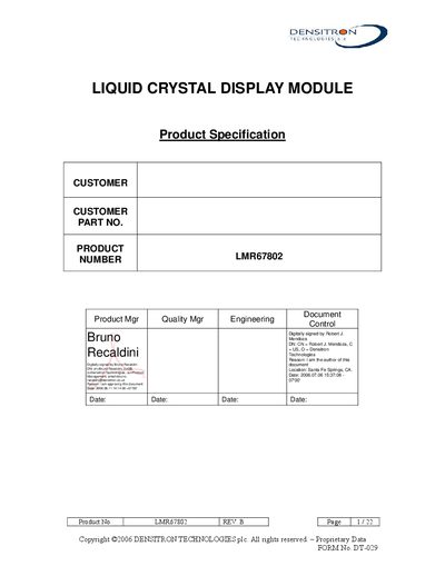 Densitron LMR67802 LCD Module Product Specification - cover page