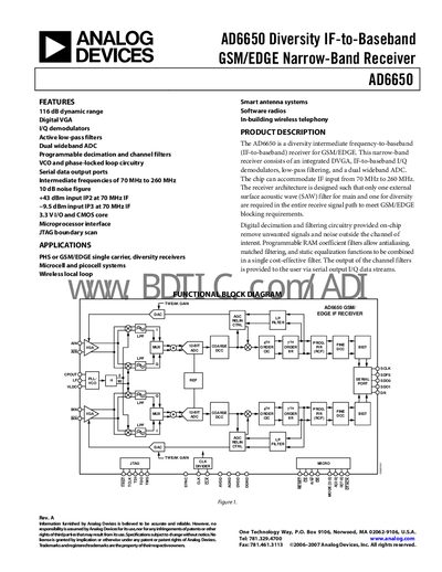 Analog Devices AD6650 Diversity IF-to-Baseband Receiver Datasheet - cover page