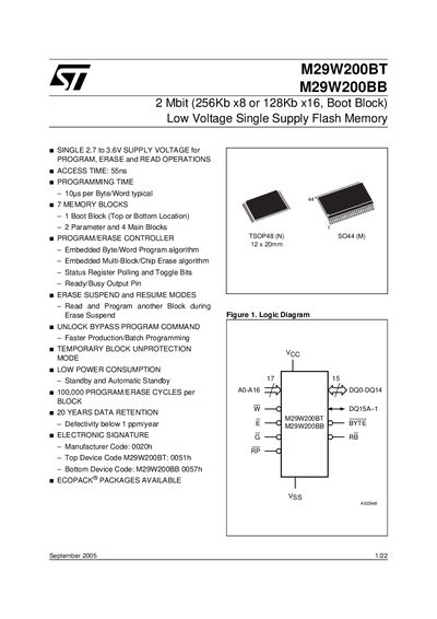 ST M29W200BT M29W200BB 2 Mbit (256Kb x8 or 128Kb x16 Boot Block) Low Voltage Single Supply Flash Memory handbook - cover page