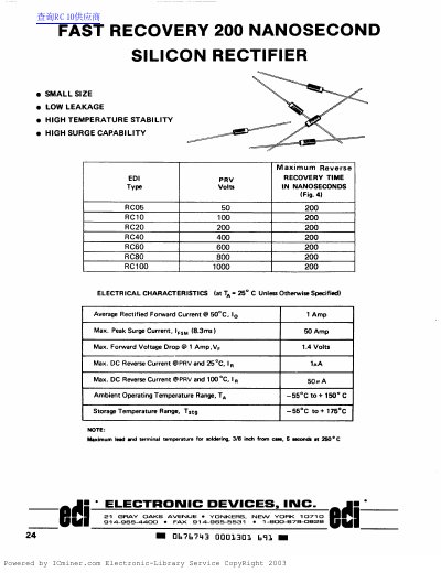 edi ELECTRONIC DEVICES FAST RECOVERY 200 NANOSECOND SILICON RECTIFIER handbook - cover page